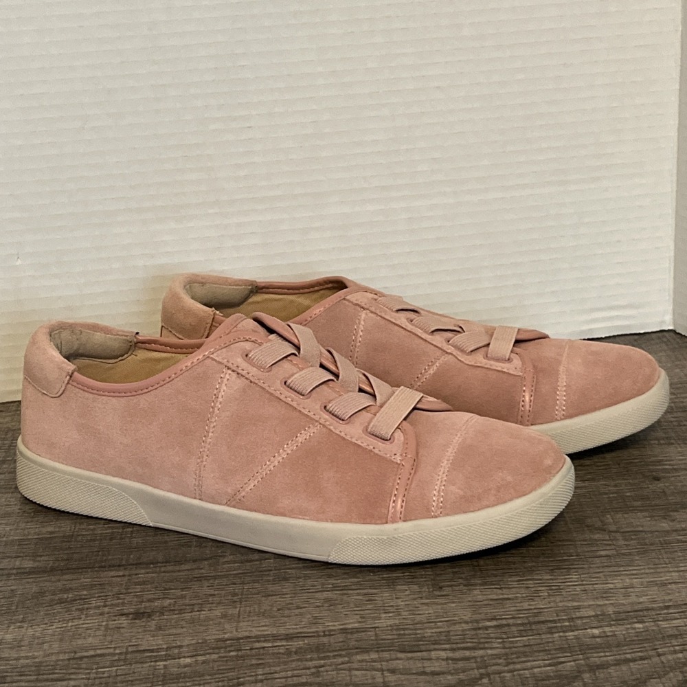 Vionic Jean Suede Slip On Shoes 7.5 Pink Elastic Laces Athletic Casual Sneakers